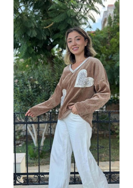 LS1119 Italyan Kalp Desenli Kadife Bluz Camel