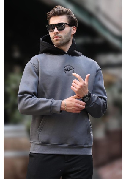 Füme Kapüşonlu Renk Bloklu Nakış Detaylı Erkek Sweatshirt 7088 fiyatları