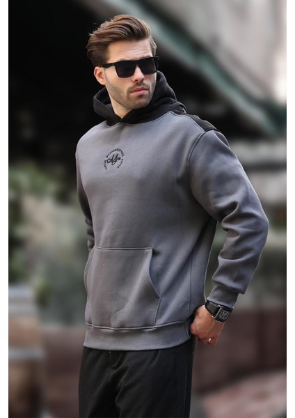 Füme Kapüşonlu Renk Bloklu Nakış Detaylı Erkek Sweatshirt 7088 modelleri