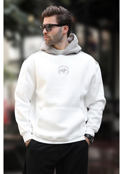 Ekru Kapüşonlu Renk Bloklu Nakış Detaylı Erkek Sweatshirt 7088