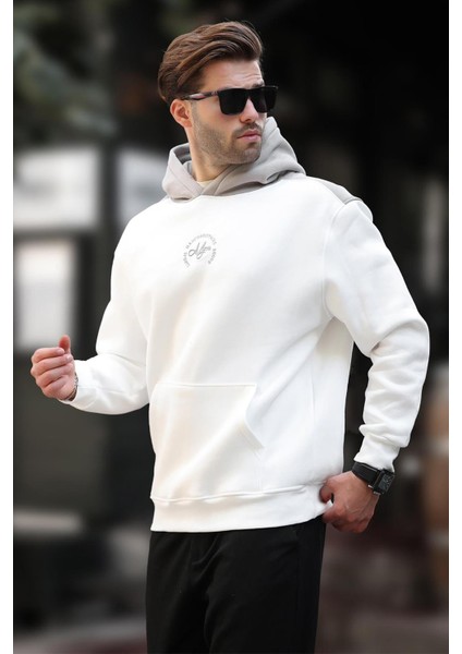 Ekru Kapüşonlu Renk Bloklu Nakış Detaylı Erkek Sweatshirt 7088 fiyatları