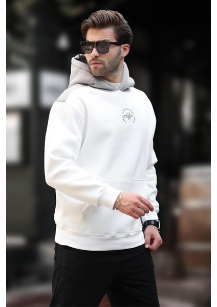 Ekru Kapüşonlu Renk Bloklu Nakış Detaylı Erkek Sweatshirt 7088 modelleri