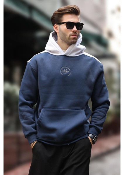 Lacivert Kapüşonlu Renk Bloklu Nakış Detaylı Erkek Sweatshirt 7088