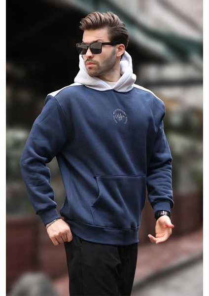 Lacivert Kapüşonlu Renk Bloklu Nakış Detaylı Erkek Sweatshirt 7088 modelleri