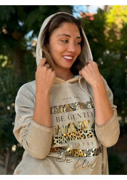 NC56152 Italyan Leopar Baskılı Kapüşonlu Sweatshirt Krem fırsatları