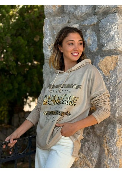 NC56152 Italyan Leopar Baskılı Kapüşonlu Sweatshirt Krem indirimleri