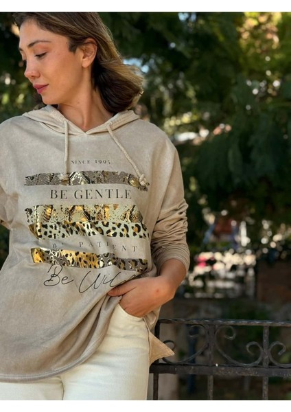 NC56152 Italyan Leopar Baskılı Kapüşonlu Sweatshirt Krem
