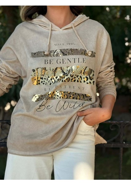 NC56152 Italyan Leopar Baskılı Kapüşonlu Sweatshirt Krem