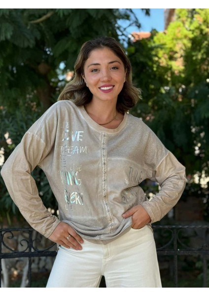 NC53761 Italyan Yazılı ve Taşlı Coton Sweatshirt Krem