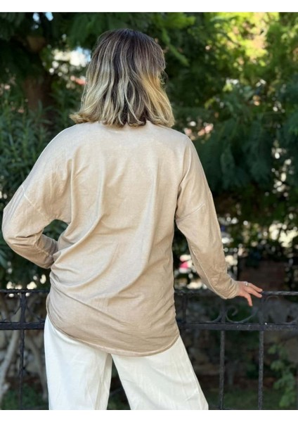 NC53761 Italyan Yazılı ve Taşlı Coton Sweatshirt Krem