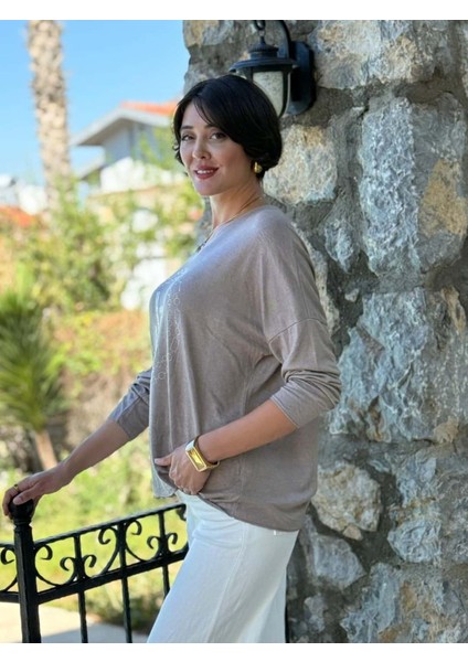 LS82681 Italyan Taş Baskılı Triko Bluz Vizon fiyatları