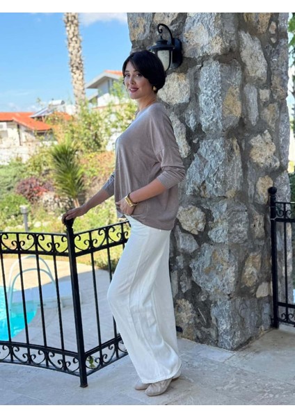 LS82681 Italyan Taş Baskılı Triko Bluz Vizon modelleri