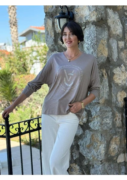LS82681 Italyan Taş Baskılı Triko Bluz Vizon fırsatları