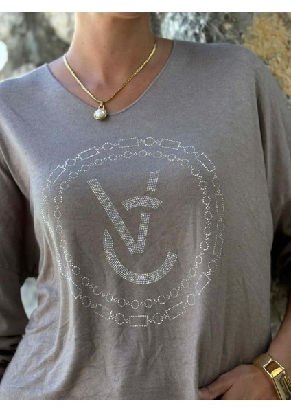 LS82681 Italyan Taş Baskılı Triko Bluz Vizon indirimleri