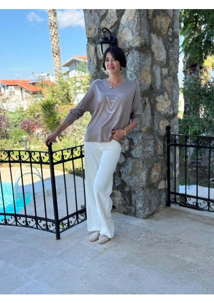 LS82681 Italyan Taş Baskılı Triko Bluz Vizon