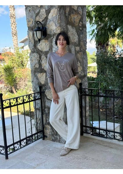 LS82681 Italyan Taş Baskılı Triko Bluz Vizon