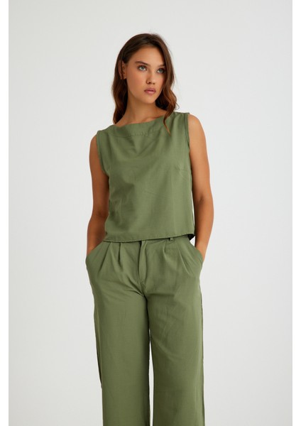 Keten Günlük Rahat Kolsuz Alt Üst Kadın Takım
