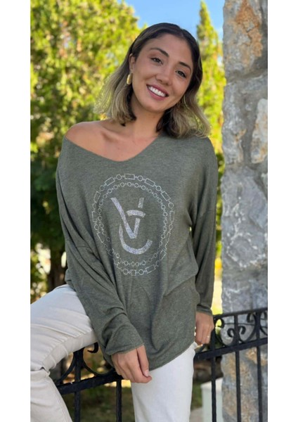 LS82681 Italyan Taş Baskılı Triko Bluz Haki