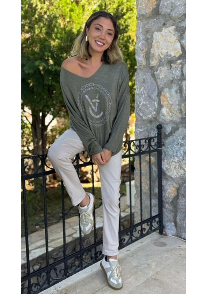 LS82681 Italyan Taş Baskılı Triko Bluz Haki modelleri