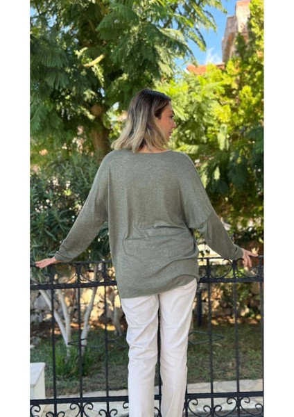 LS82681 Italyan Taş Baskılı Triko Bluz Haki fırsatları