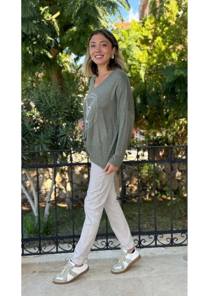 LS82681 Italyan Taş Baskılı Triko Bluz Haki indirimleri