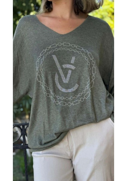 LS82681 Italyan Taş Baskılı Triko Bluz Haki