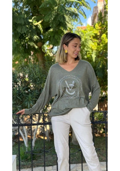 LS82681 Italyan Taş Baskılı Triko Bluz Haki