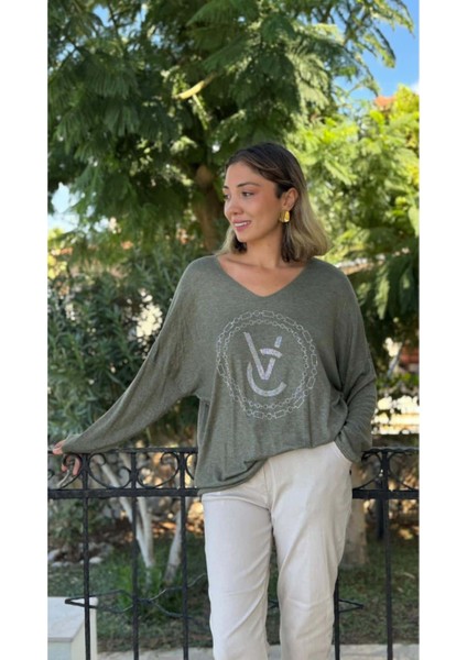 LS82681 Italyan Taş Baskılı Triko Bluz Haki