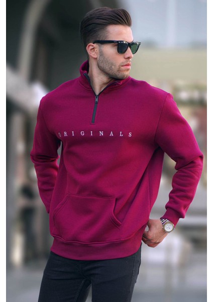 Bordo Fermuar Yaka Nakışlı Sweatshirt 6028