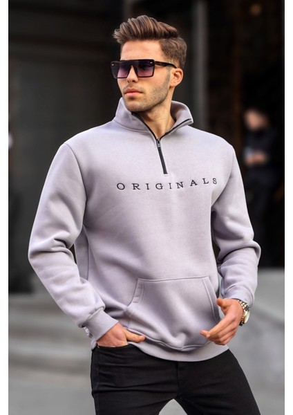 Boyalı Gri Fermuar Yaka Nakışlı Sweatshirt 6028