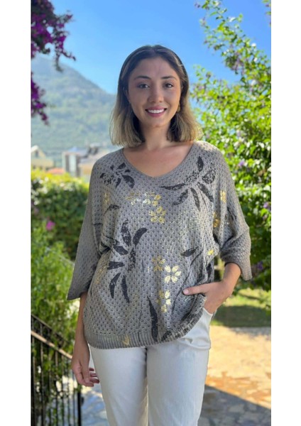 LS7514 Italyan Yaprak Desen Triko Bluz Vizon
