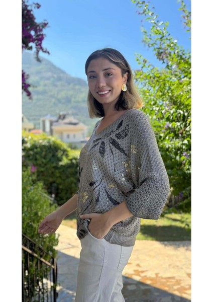 LS7514 Italyan Yaprak Desen Triko Bluz Vizon modelleri