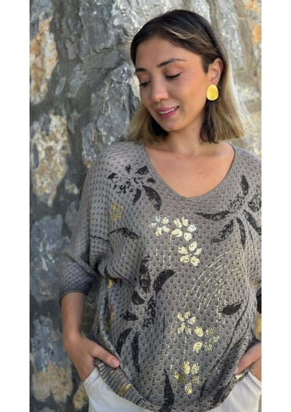 LS7514 Italyan Yaprak Desen Triko Bluz Vizon indirimleri
