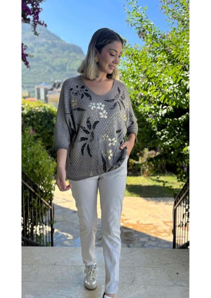LS7514 Italyan Yaprak Desen Triko Bluz Vizon