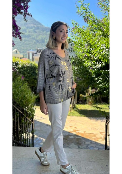 LS7514 Italyan Yaprak Desen Triko Bluz Vizon