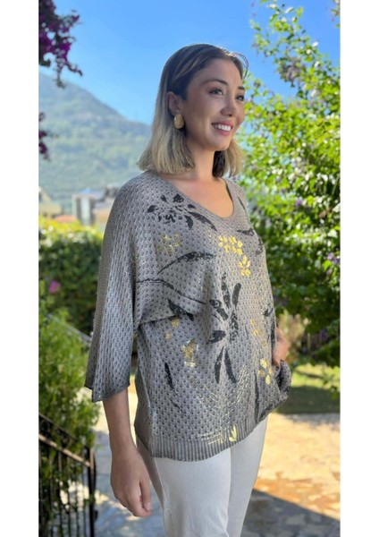 LS7514 Italyan Yaprak Desen Triko Bluz Vizon