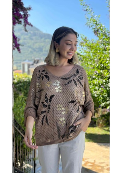 LS7514 Italyan Yaprak Desen Triko Bluz Camel