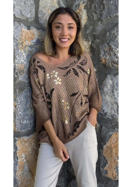 LS7514 Italyan Yaprak Desen Triko Bluz Camel modelleri
