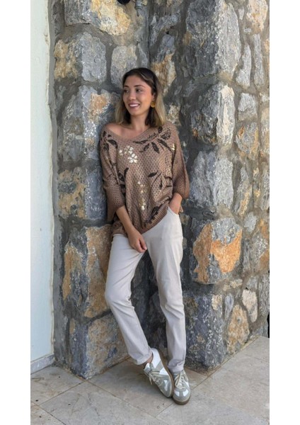 LS7514 Italyan Yaprak Desen Triko Bluz Camel fırsatları
