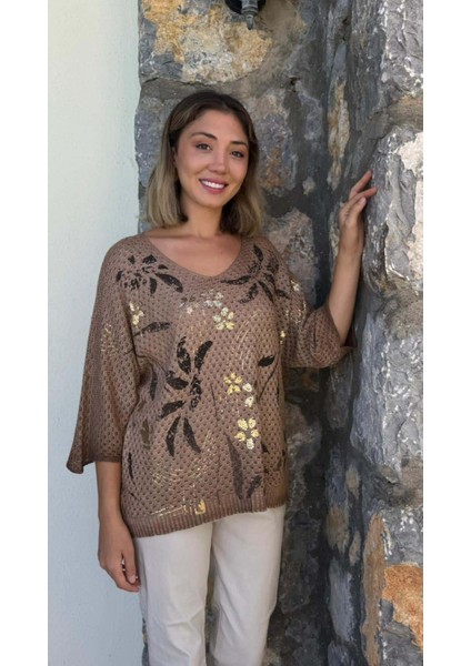 LS7514 Italyan Yaprak Desen Triko Bluz Camel indirimleri