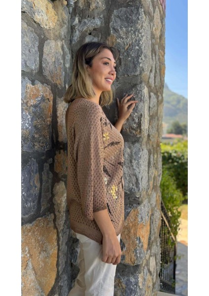 LS7514 Italyan Yaprak Desen Triko Bluz Camel