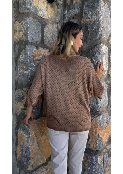 LS7514 Italyan Yaprak Desen Triko Bluz Camel