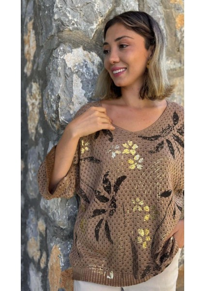 LS7514 Italyan Yaprak Desen Triko Bluz Camel