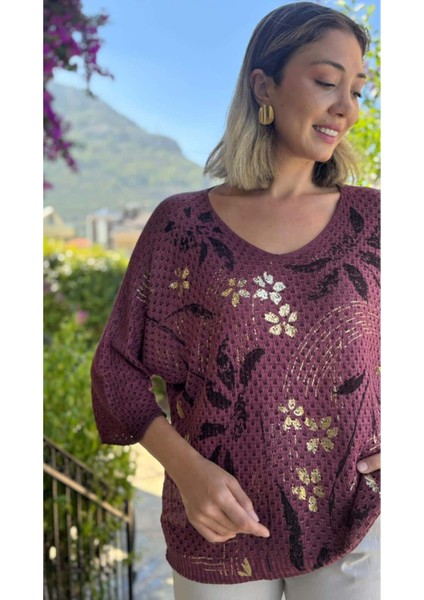 LS7514 Italyan Yaprak Desen Triko Bluz Vişne modelleri
