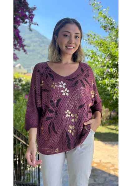 LS7514 Italyan Yaprak Desen Triko Bluz Vişne fırsatları
