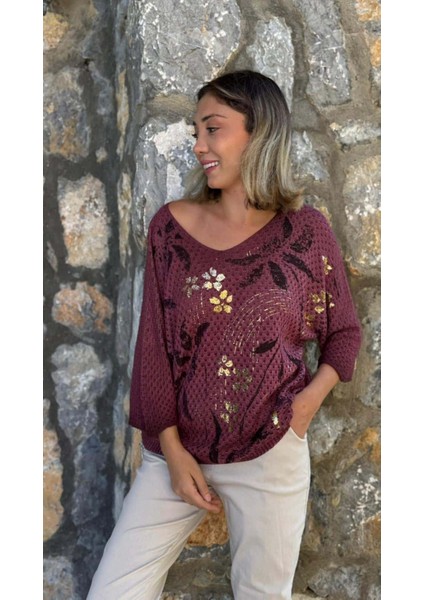 LS7514 Italyan Yaprak Desen Triko Bluz Vişne