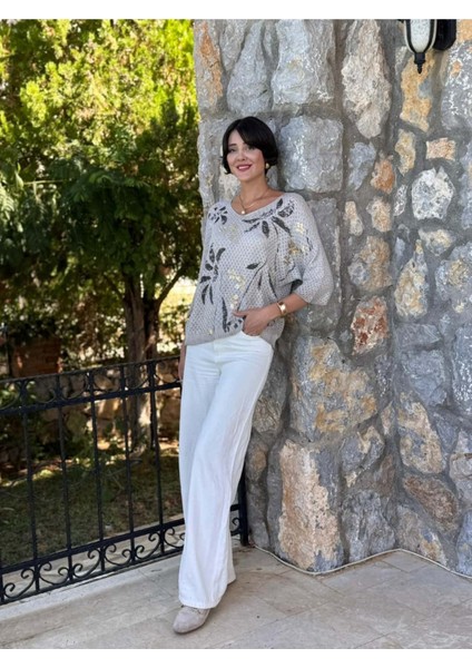 LS7514 Italyan Yaprak Desen Triko Bluz Krem modelleri