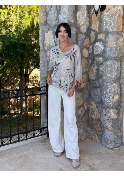 LS7514 Italyan Yaprak Desen Triko Bluz Krem indirimleri