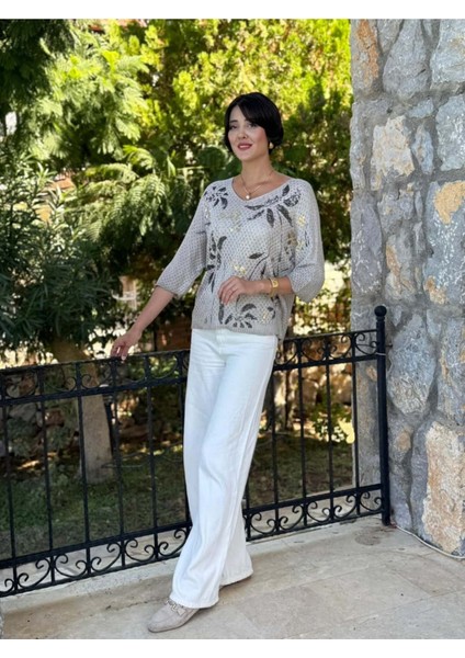 LS7514 Italyan Yaprak Desen Triko Bluz Krem