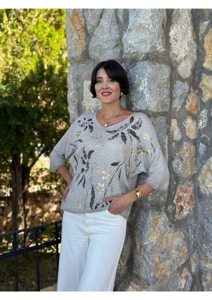 LS7514 Italyan Yaprak Desen Triko Bluz Krem